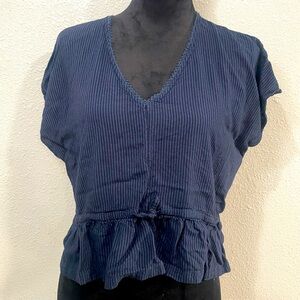 O'Neill Blue Cap Sleeve Ribbed Navy Pinstripe Peplum Blouse- size S